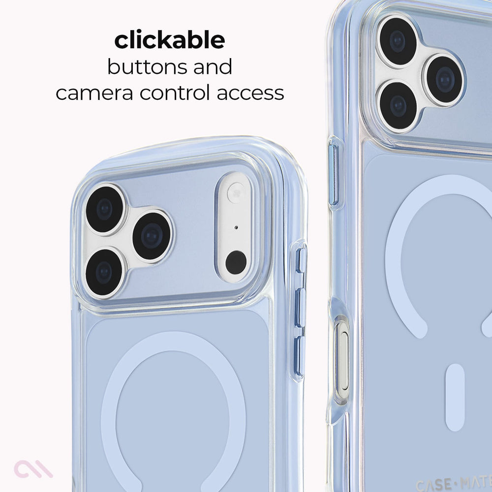 A clear protective phone case with a light blue magnetic back panel, shown from two angles on a white background with text highlighting clickable buttons and camera control access.

#color_jelly pop carolina blue
