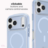 A clear protective phone case with a light blue magnetic back panel, shown from two angles on a white background with text highlighting clickable buttons and camera control access.

#color_jelly pop carolina blue