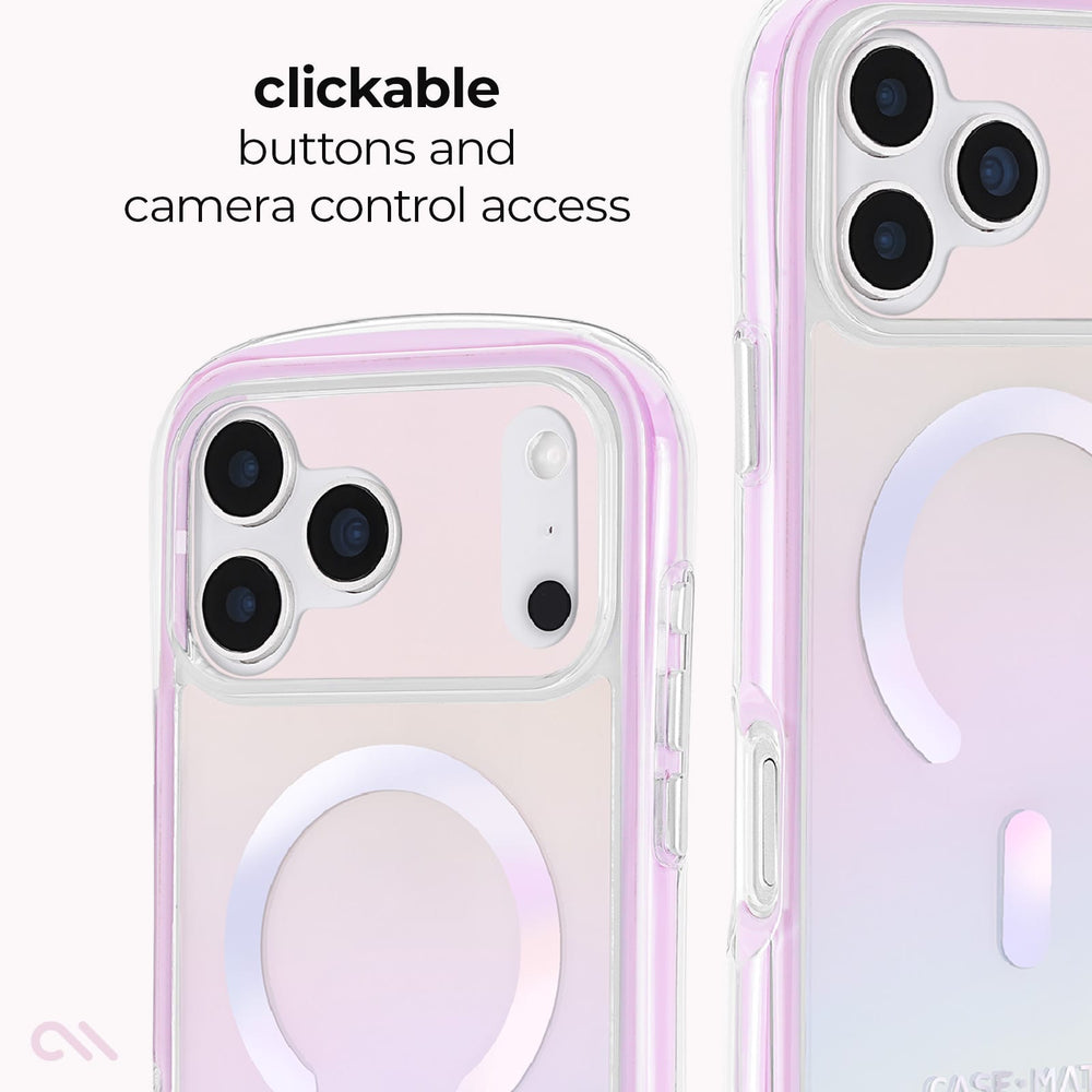 A clear phone case with a soft pink and lavender gradient and a circular MagSafe ring, shown on a phone with text reading 'clickable buttons and camera control access'.
#color_jelly pop iridescent