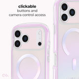 A clear phone case with a soft pink and lavender gradient and a circular MagSafe ring, shown on a phone with text reading 'clickable buttons and camera control access'.

#color_jelly pop iridescent