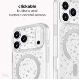 Transparent phone case with rhinestone-like cutout details and a circular MagSafe ring, shown on a phone with text reading 'clickable buttons and camera control access'.

#color_karat crystal