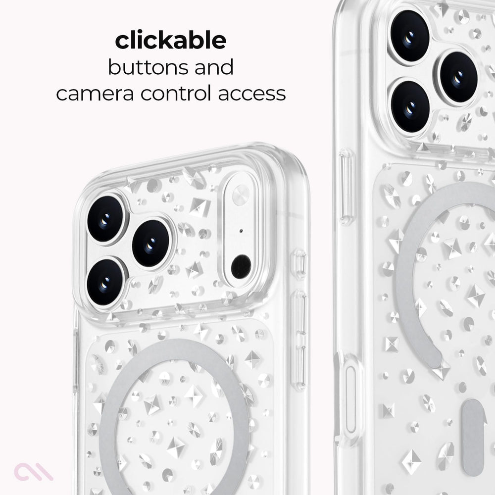 Transparent phone case with rhinestone-like cutout details and a circular MagSafe ring, shown on a phone with text reading 'clickable buttons and camera control access'.
#color_karat crystal