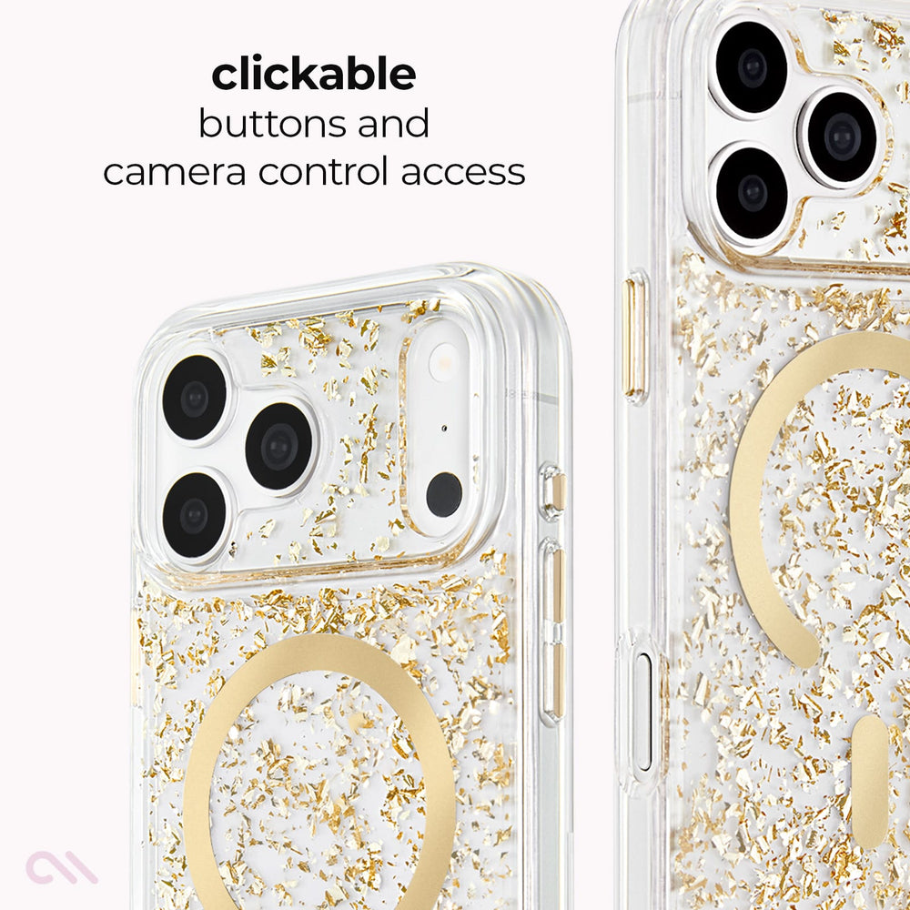 Clear phone case with gold foil flakes and a large gold circular accent, shown on a phone from the back with text reading 'clickable buttons and camera control access'.
#color_karat
