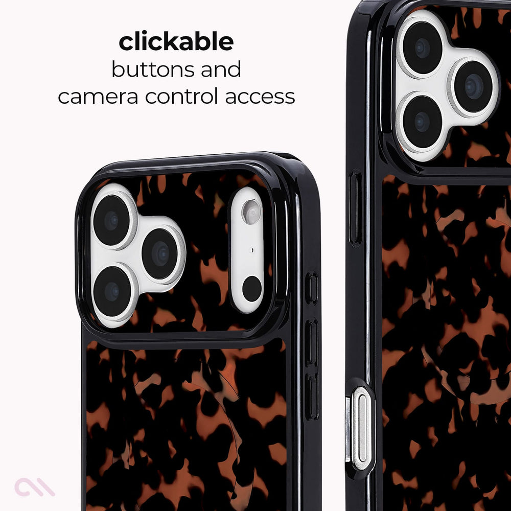 A phone case with a black and brown abstract pattern, shown from two angles on a light gray background with text reading 'clickable buttons and camera control access'.
#color_tortoiseshell