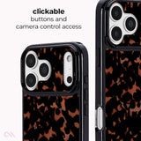 A phone case with a black and brown abstract pattern, shown from two angles on a light gray background with text reading 'clickable buttons and camera control access'.
#color_tortoiseshell