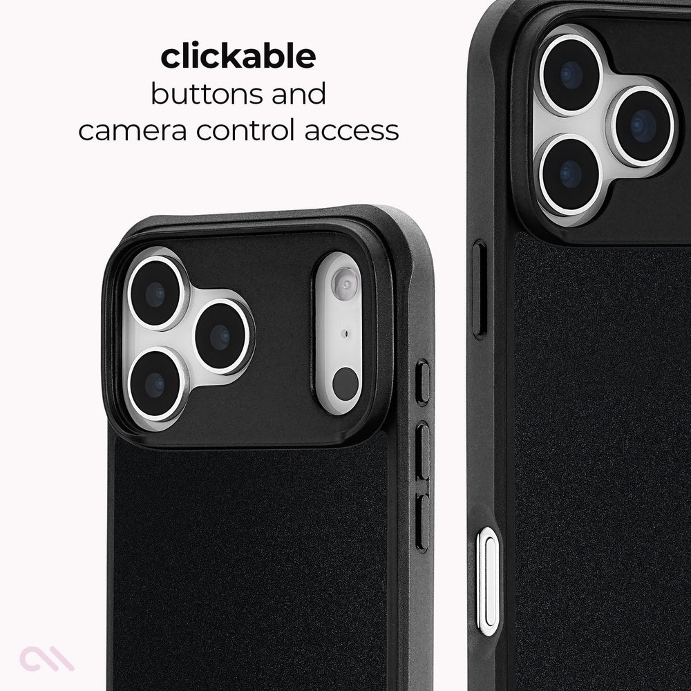Black protective phone case with a raised camera bumper and side button cutouts, shown from two angles on a white background with text reading 'clickable buttons and camera control access'.
#color_tough black