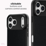 Black protective phone case with a raised camera bumper and side button cutouts, shown from two angles on a white background with text reading 'clickable buttons and camera control access'.
#color_tough black