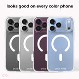 Four transparent magnetic phone cases shown in gray, silver, plum, and light blue, with white MagSafe-style ring graphics and the text 'looks good on every color phone' above them.
#color_tough clear magsafe