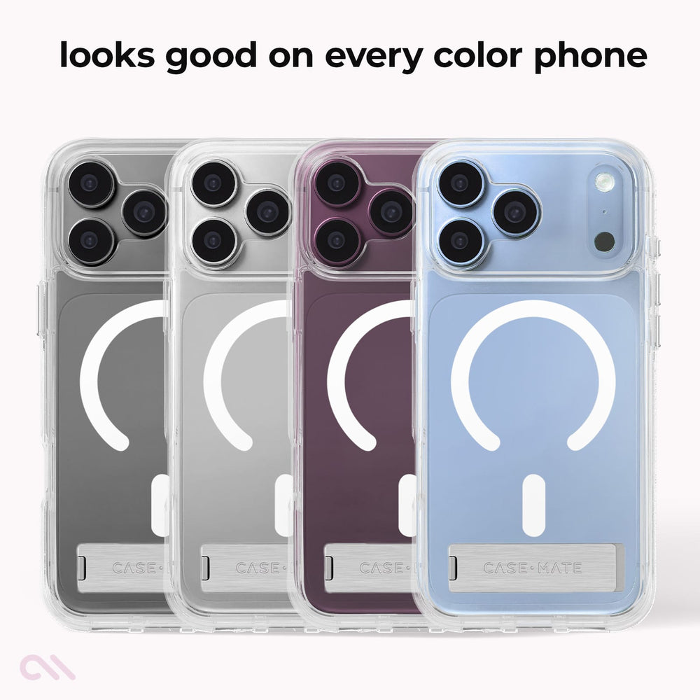 Four transparent magnetic phone cases with a white circular MagSafe ring and a silver kickstand, shown on phone backs in gray, silver, plum purple, and light blue. Text at the top reads 'looks good on every color phone'.

#color_tough plus clear