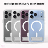Four transparent magnetic phone cases with a white circular MagSafe ring and a silver kickstand, shown on phone backs in gray, silver, plum purple, and light blue. Text at the top reads 'looks good on every color phone'.

#color_tough plus clear