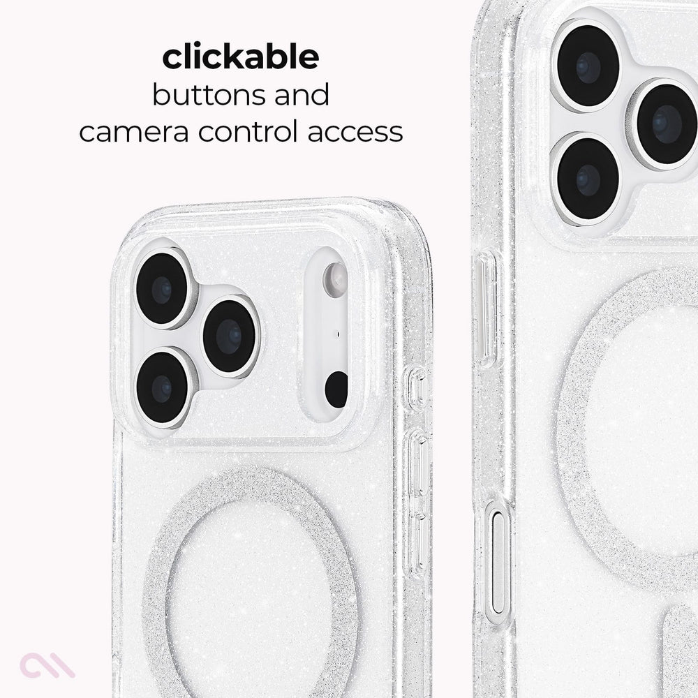 A clear glitter phone case with a circular MagSafe ring, shown on a phone from two angles. The left view includes text reading 'clickable buttons and camera control access' and highlights the side button and camera area.
#color_sheer twinkle silver