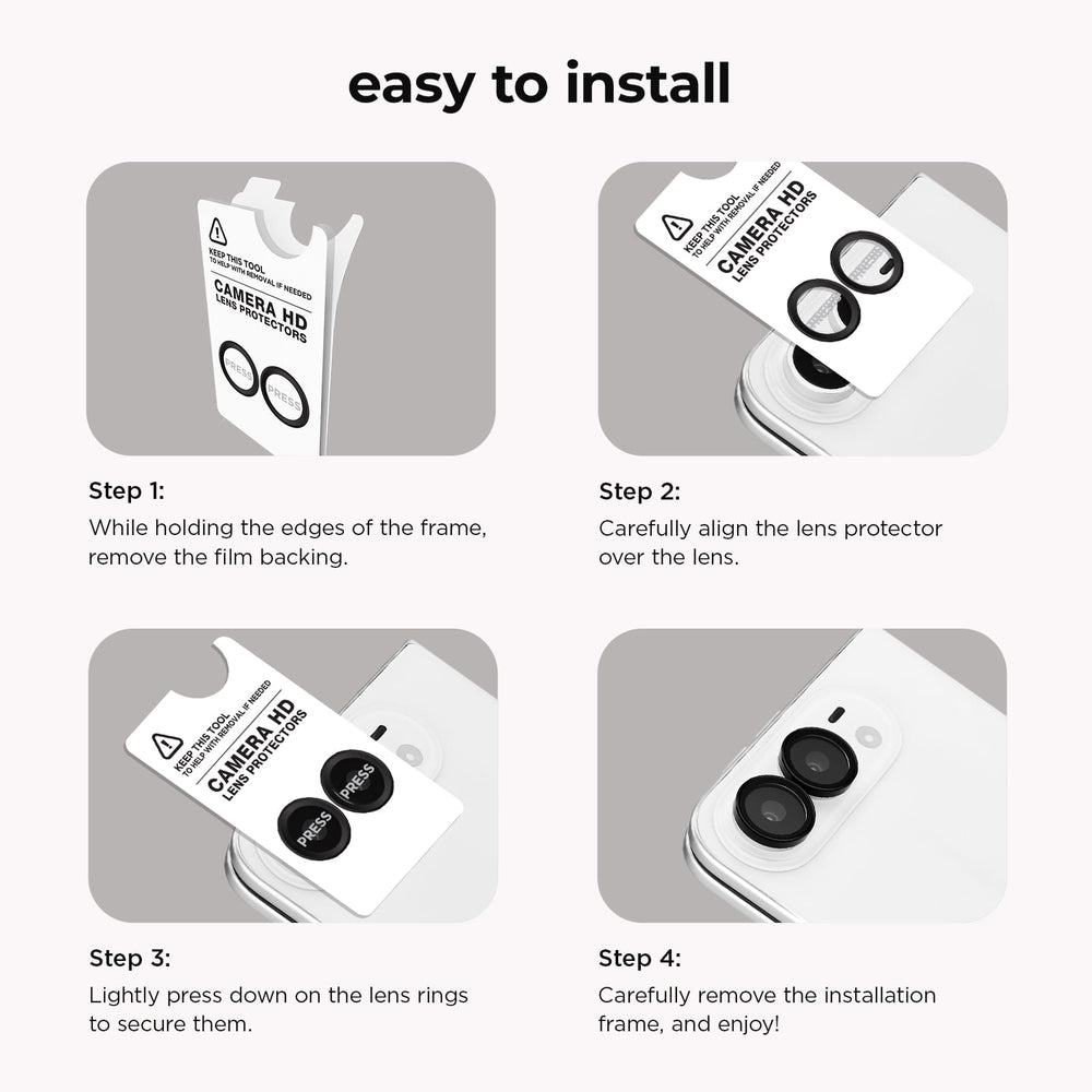 Instruction graphic titled 'easy to install' showing four steps for removing a camera lens protector film. Each panel contains a small product photo, a gray background box, and step-by-step text instructions on a light gray overall layout.