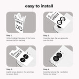 Instruction graphic titled 'easy to install' showing four steps for removing a camera lens protector film. Each panel contains a small product photo, a gray background box, and step-by-step text instructions on a light gray overall layout.