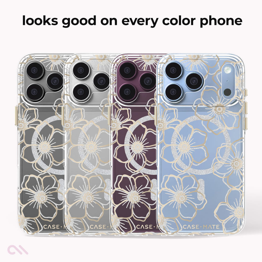 Four transparent floral phone cases shown on smartphones, with the text 'looks good on every color phone' above them. The cases feature white and light gold floral line art, and the visible brand text near the bottom reads CASE MATE
#color_floral gems