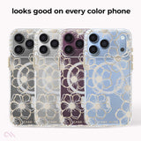 Four transparent floral phone cases shown on smartphones, with the text 'looks good on every color phone' above them. The cases feature white and light gold floral line art, and the visible brand text near the bottom reads CASE MATE
#color_floral gems