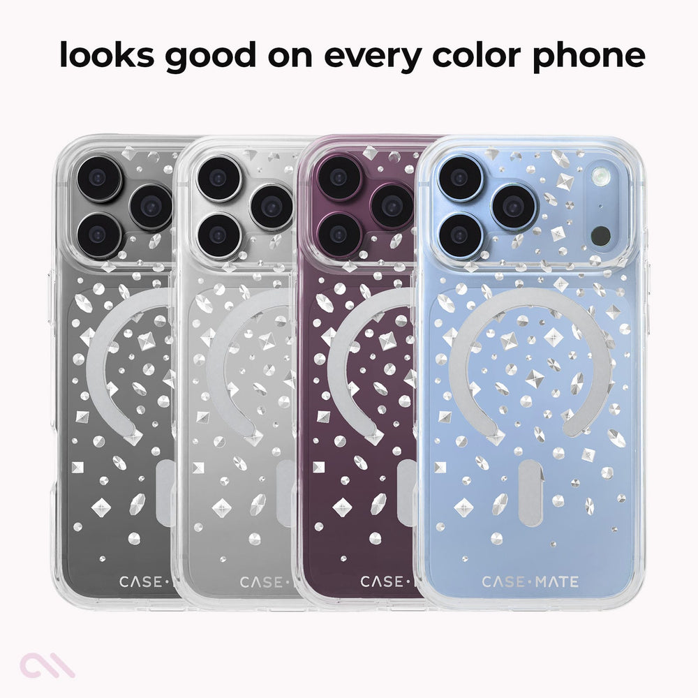 Four transparent phone cases with white confetti-like speckles and a circular MagSafe-compatible ring design, shown in gray, silver, plum, and light blue. Text at the top reads 'looks good on every color phone'.

#color_karat crystal