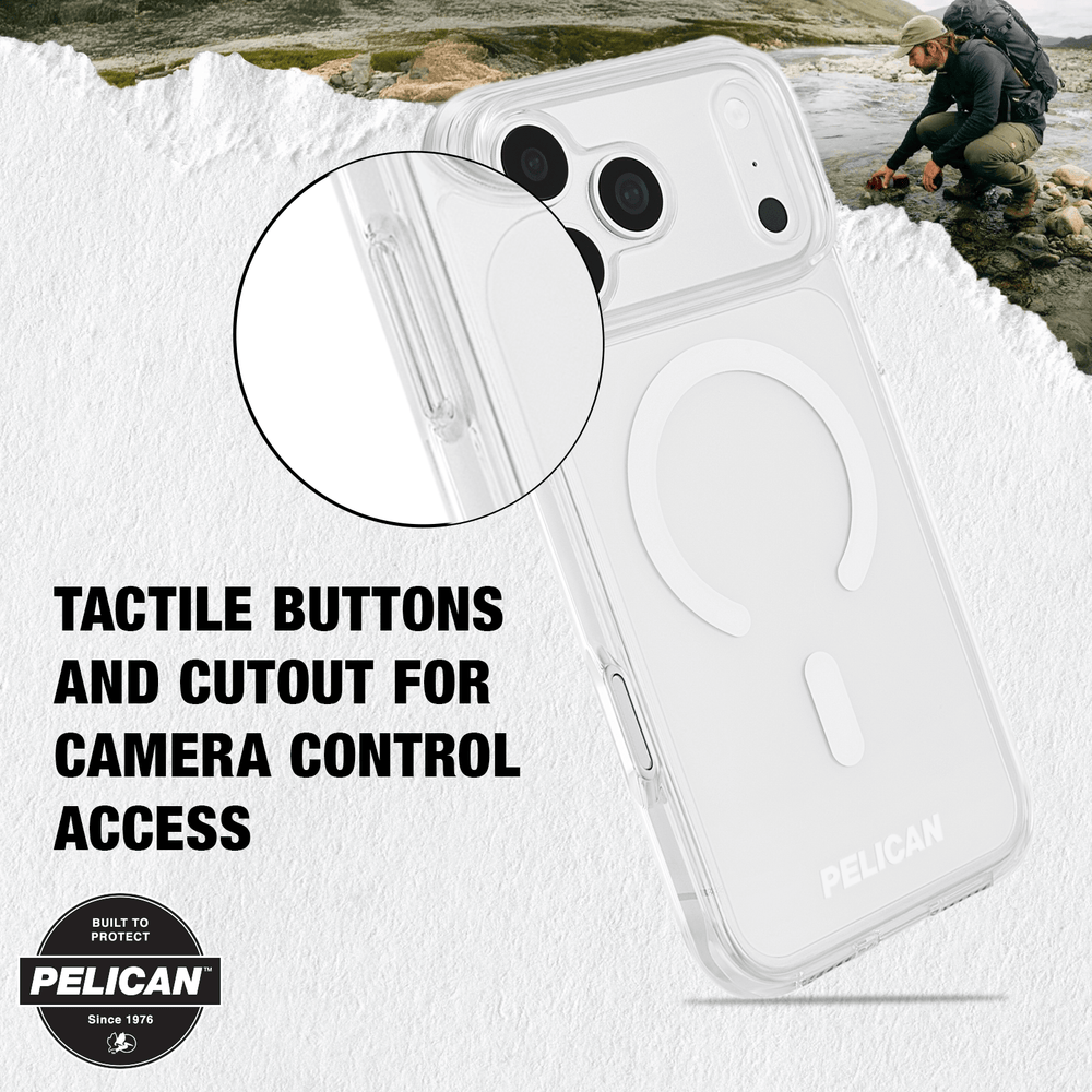 Clear protective phone case with a MagSafe-compatible ring and button cover, shown on a phone with a circular inset detail and text reading 'PROTECTIVE COVERING FOR ALL BUTTONS'. Pelican branding is visible on the case and in a badge at lower left.
#color_ranger clear
