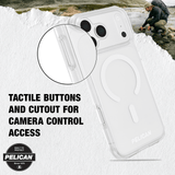 Clear protective phone case with a MagSafe-compatible ring and button cover, shown on a phone with a circular inset detail and text reading 'PROTECTIVE COVERING FOR ALL BUTTONS'. Pelican branding is visible on the case and in a badge at lower left.
#color_ranger clear
