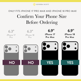 A size guide graphic showing iPhone case fit recommendations. The graphic displays two gray iPhone 17 Pro  and iPhone 18 Pro silhouettes labeled 'NO' and an iPhone 17 Pro Max and iPhone 18 Pro Max silhouettes labeled 'YES' 

#color_champagne oyster pearl
