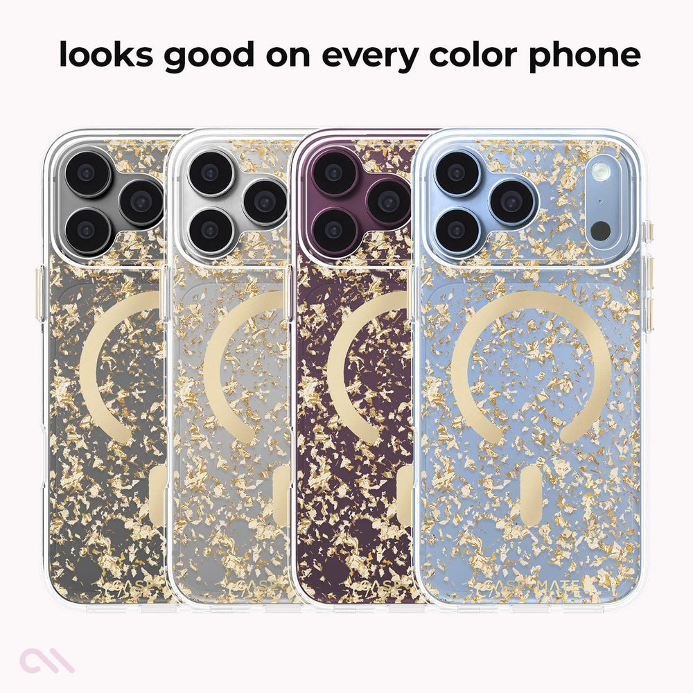 Four transparent phone cases with gold glitter flecks and a large gold MagSafe-compatible ring design, shown on phone mockups. Text at the top reads 'looks good on every color phone'.
#color_karat