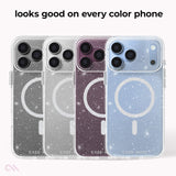 Four clear glitter phone cases shown on phones, with text at the top reading 'looks good on every color phone'. The cases are transparent with white sparkles and a circular MagSafe-style ring design.
#color_sheer twinkle silver