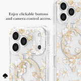 Clear phone case with a white and gold floral pattern, shown on a smartphone with text reading 'Enjoy clickable buttons and camera control access.'.

#color_autumn toile