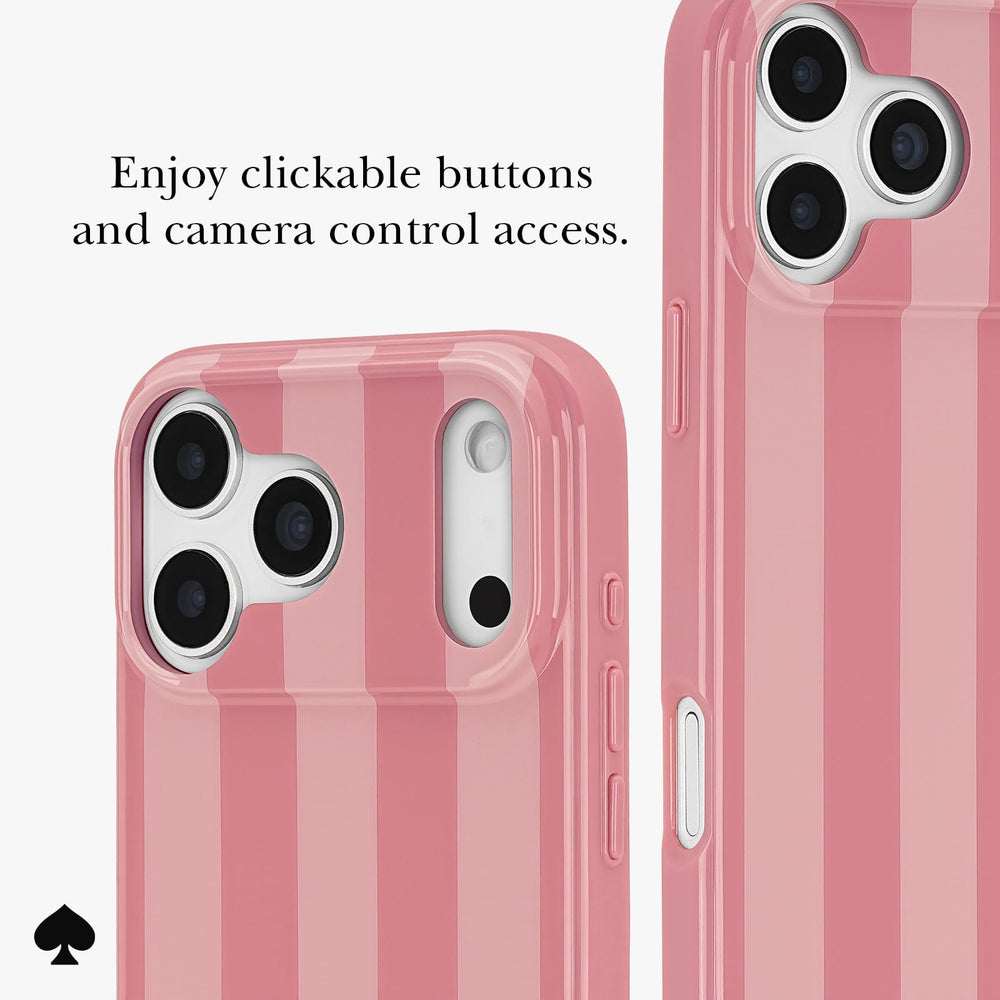 Pink striped phone case shown on a smartphone from two angles, with text reading 'Enjoy clickable buttons and camera control access.' and a small black spade logo at the bottom left.
#color_stripe rose coral