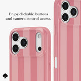 Pink striped phone case shown on a smartphone from two angles, with text reading 'Enjoy clickable buttons and camera control access.' and a small black spade logo at the bottom left.
#color_stripe rose coral