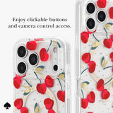 A clear phone case with a cherry and gold dot pattern, shown on a white background with text that reads 'Enjoy clickable buttons and camera control access.'.

#color_cherry dot