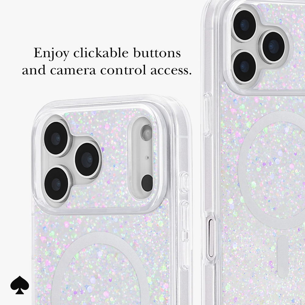 A clear phone case with iridescent holographic glitter and a MagSafe ring, shown on a phone from the back in two views. One view includes the text 'Enjoy easy access to all buttons and ports.

#color_chunky glitter