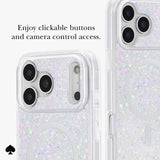 A clear phone case with iridescent holographic glitter and a MagSafe ring, shown on a phone from the back in two views. One view includes the text 'Enjoy easy access to all buttons and ports.

#color_chunky glitter