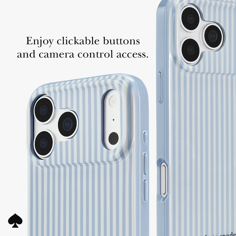 A light blue and white vertically striped phone case shown on a white background, with text reading 'Enjoy clickable buttons and camera control access.' and a small black spade logo in the lower left corner.
#color_diamond blue stripe