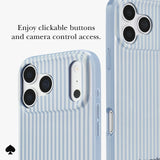 A light blue and white vertically striped phone case shown on a white background, with text reading 'Enjoy clickable buttons and camera control access.' and a small black spade logo in the lower left corner.
#color_diamond blue stripe