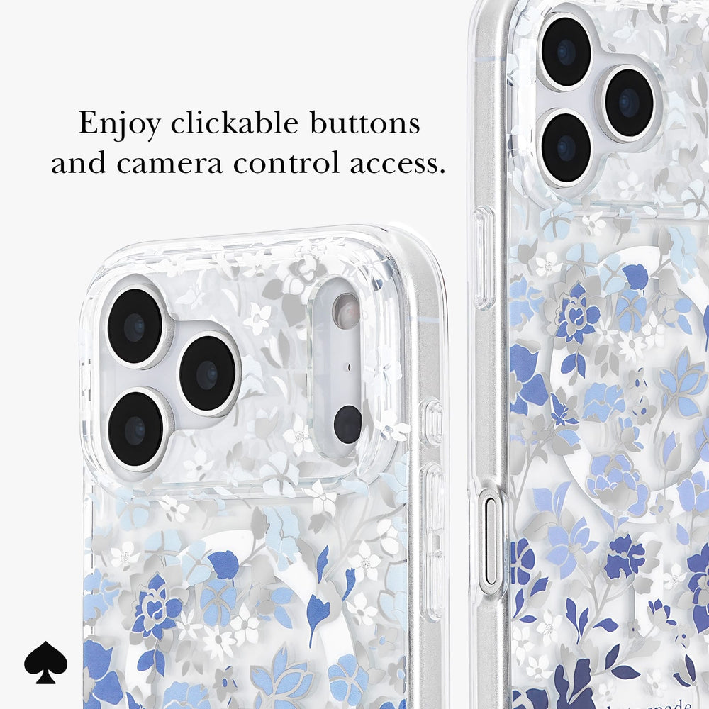 A clear phone case with a blue and white floral pattern, shown on a phone from the back. The image includes text that reads 'Enjoy clickable buttons and camera control access.

#color_flowerbed blue
