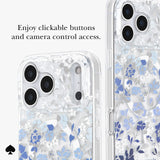 A clear phone case with a blue and white floral pattern, shown on a phone from the back. The image includes text that reads 'Enjoy clickable buttons and camera control access.

#color_flowerbed blue