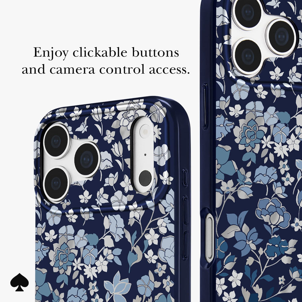 A floral-patterned phone case shown on a smartphone, with two views of the case against a light gray background. One view shows the back with a navy blue base and white and light blue floral print, and the other shows the side profile.
#color_flowerbed navy