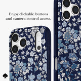 A floral-patterned phone case shown on a smartphone, with two views of the case against a light gray background. One view shows the back with a navy blue base and white and light blue floral print, and the other shows the side profile.
#color_flowerbed navy