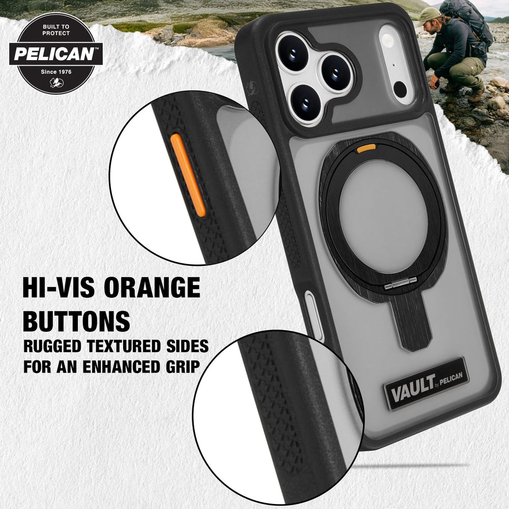 Black and gray rugged iPhone case with orange buttons, textured sides, and circular magnetic attachment ring.
#color_vault smoke