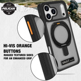 Black and gray rugged iPhone case with orange buttons, textured sides, and circular magnetic attachment ring.
#color_vault smoke
