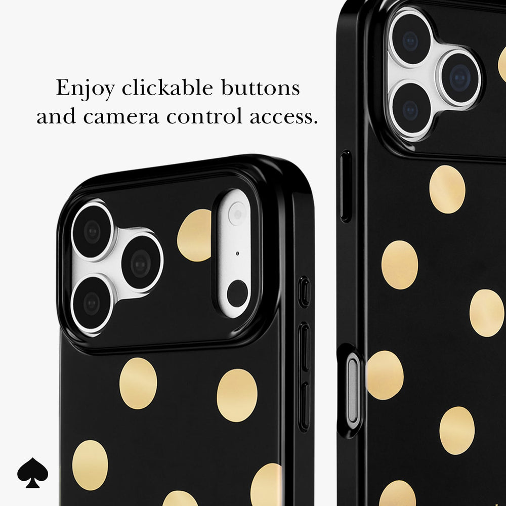 Black phone case with gold polka dots, shown on a phone from multiple angles with text reading 'Enjoy clickable buttons and camera control access.'.

#color_metallic classic dot