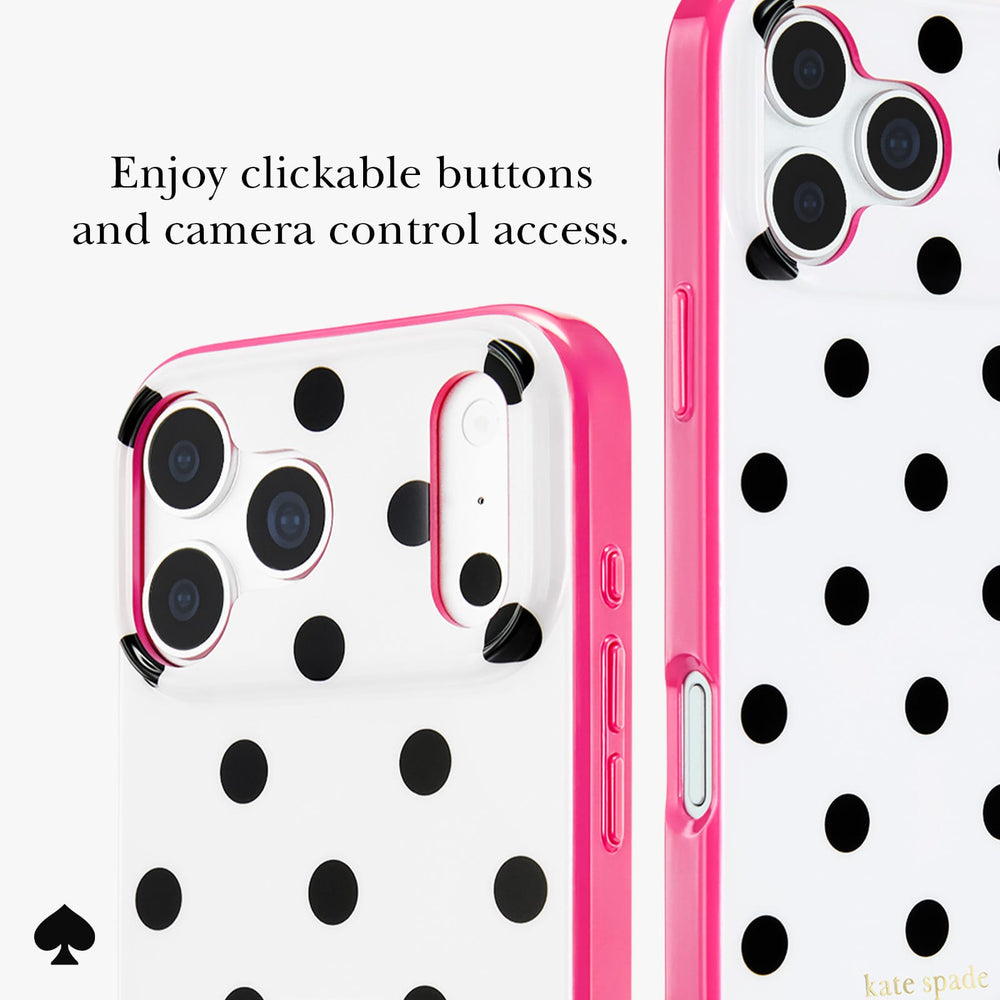 A pink and white polka dot phone case shown from multiple angles on a light gray background, with text reading 'Enjoy clickable buttons and camera control access.' and a small 'kate spade' mark in the corner.

#color_picture dot pop pink