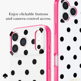 A pink and white polka dot phone case shown from multiple angles on a light gray background, with text reading 'Enjoy clickable buttons and camera control access.' and a small 'kate spade' mark in the corner.

#color_picture dot pop pink