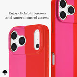 A close-up product render of a phone case shown from the back, with two views of the same case on a light gray background. The case has a vertical color-block design in bright pink and red, with a large camera cutout and a small vertical port cutout.
#color_racing stripe pop pink