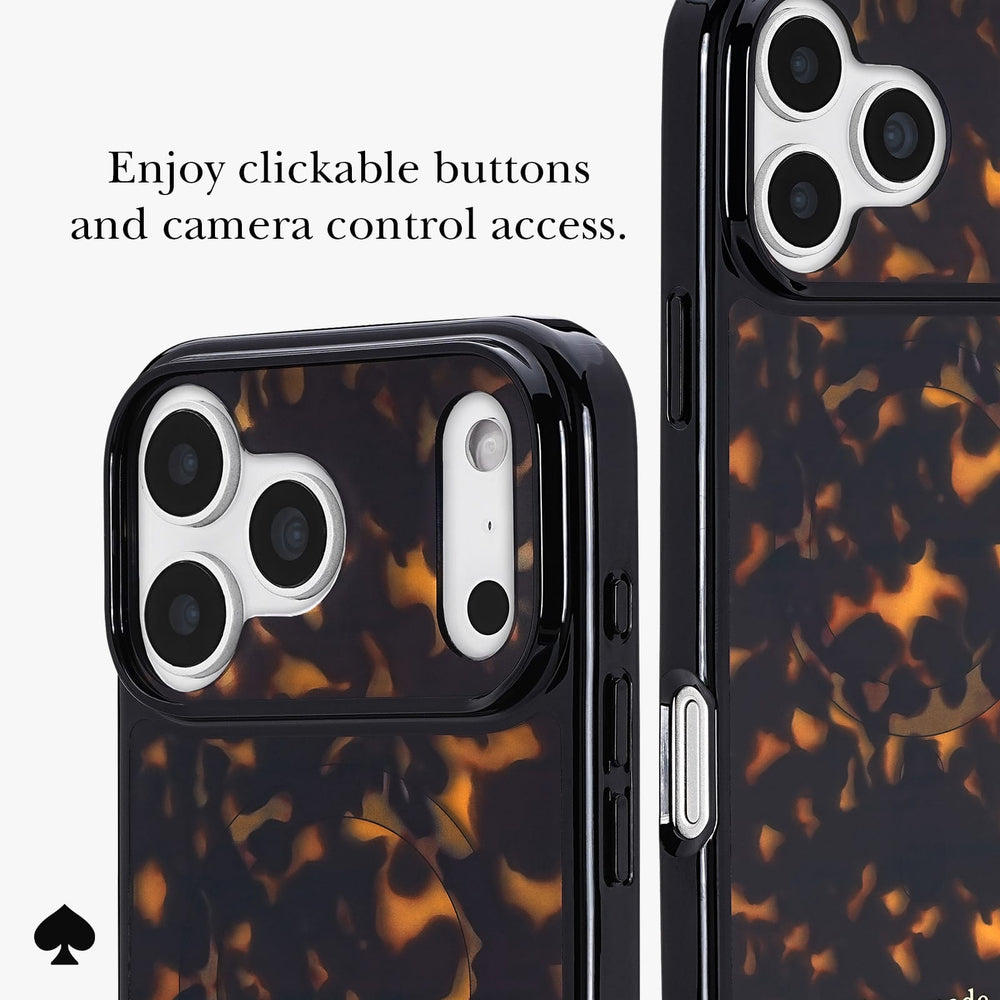 A phone case with a glossy tortoiseshell pattern in dark brown and amber-orange, shown from multiple angles on a light gray background with promotional text about clickable buttons and camera control access.
#color_tortoise