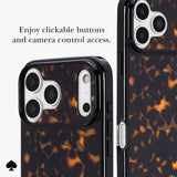 A phone case with a glossy tortoiseshell pattern in dark brown and amber-orange, shown from multiple angles on a light gray background with promotional text about clickable buttons and camera control access.
#color_tortoise