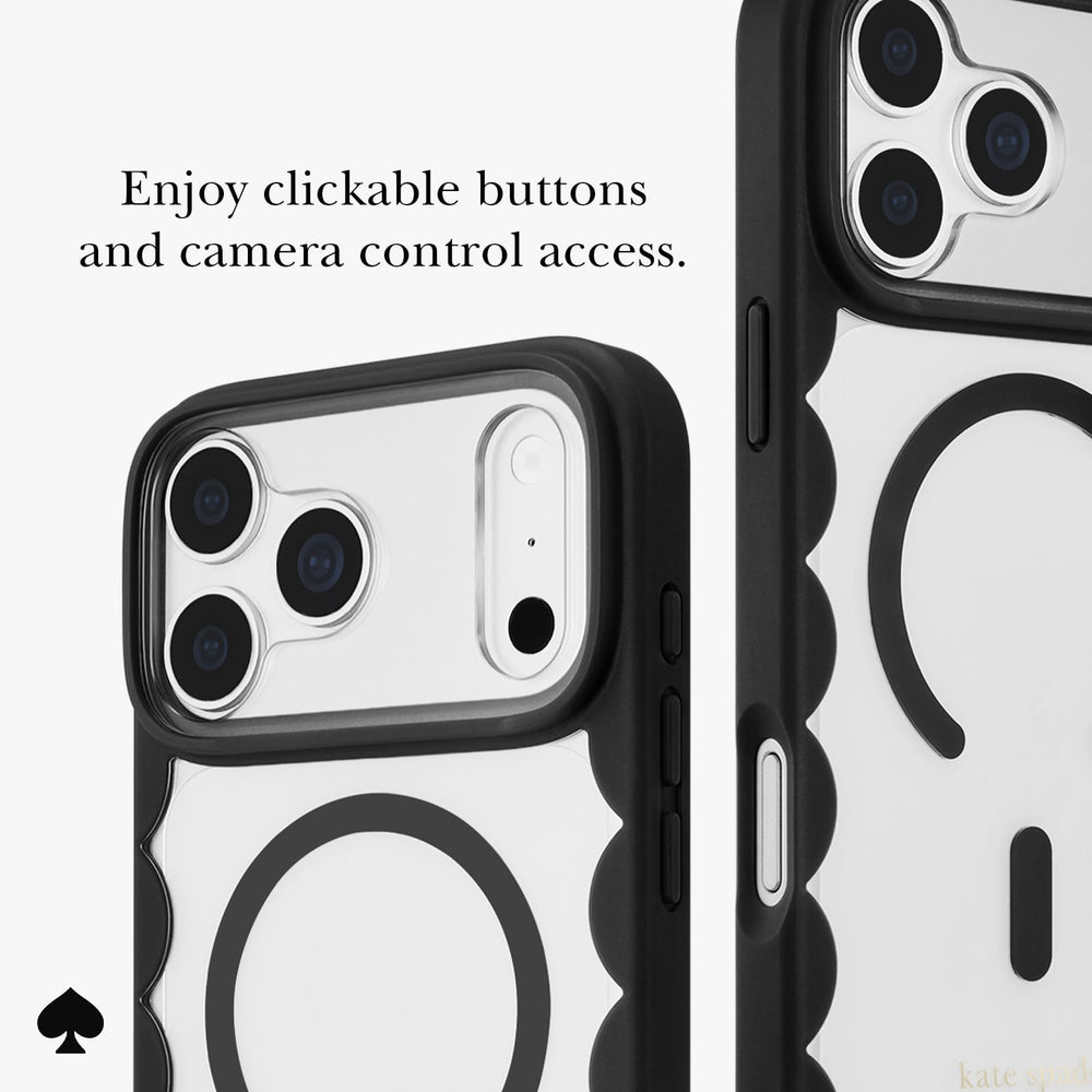 A close-up of a phone case with a black bumper and a white back featuring black cartoon-style line art. Text on the image reads, 'Enjoy clickable buttons and camera control access.
#color_scallop black