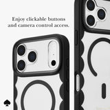 A close-up of a phone case with a black bumper and a white back featuring black cartoon-style line art. Text on the image reads, 'Enjoy clickable buttons and camera control access.
#color_scallop black