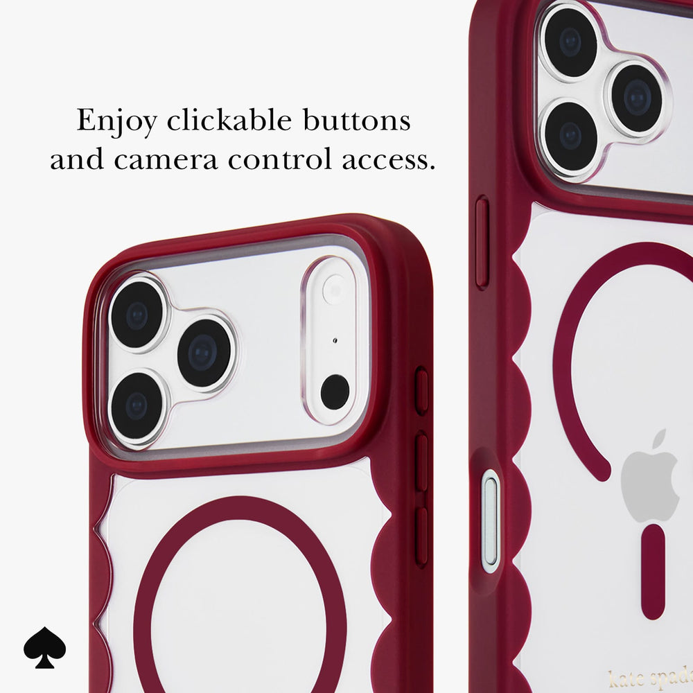 A close-up of a phone case with a deep red bumper and a clear back panel, shown from two angles on a white background with text reading 'Enjoy easy access to all buttons and ports.' The case has scalloped edges and a circular MagSafe-compatible ring design.
#color_scallop cherry glaze