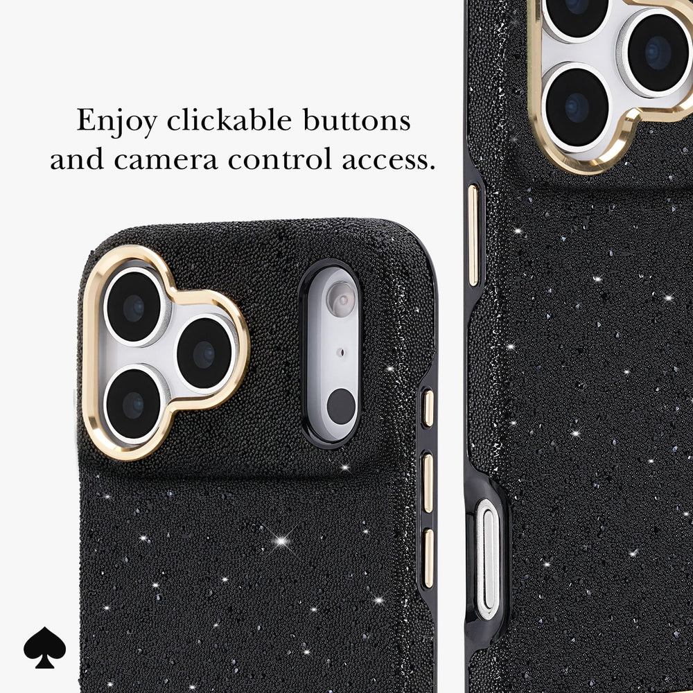 Black textured phone case with gold camera bezel and gold side buttons, shown on a phone with text reading 'Enjoy clickable buttons and camera control access.' and a small spade icon at bottom left.
#color_crystal pavé