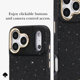 Black textured phone case with gold camera bezel and gold side buttons, shown on a phone with text reading 'Enjoy clickable buttons and camera control access.' and a small spade icon at bottom left.
#color_crystal pavé